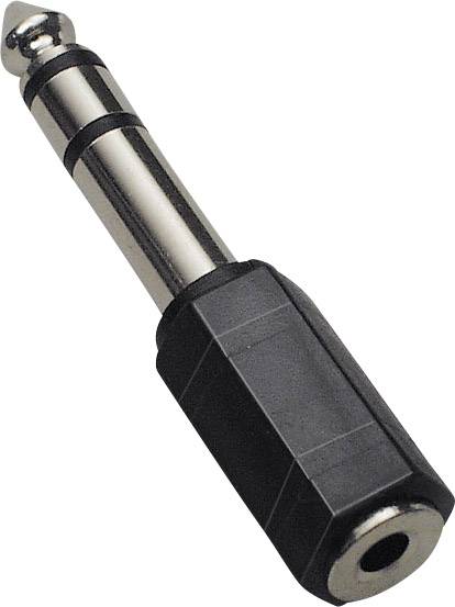 Černostříbrný adaptér audio jacku, který konvertuje ze 3,5 mm jacku do 6,35 mm zdířky.