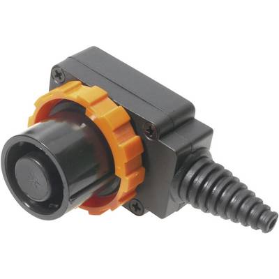 Černý elektronický konektor s oranžovým kroužkem a vroubkovaným koncem kabelu. Používá se k propojení elektrických zařízení.
