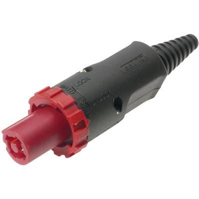 Černý a červený elektrický konektor, pravděpodobně pro průmyslové aplikace, s uzamykacím mechanismem.