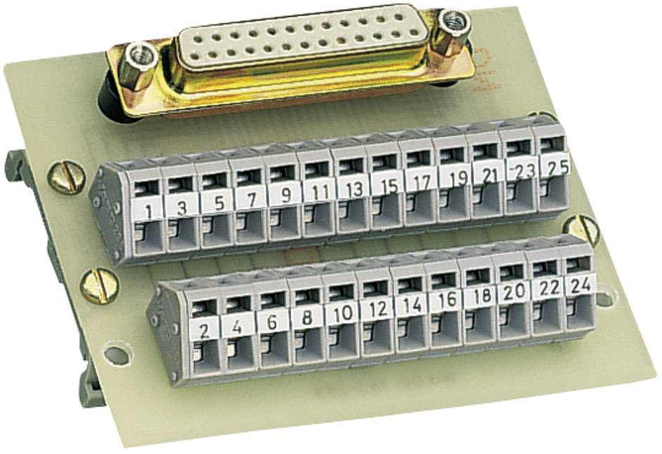 Patch panel s 25-pólovým D-Sub konektorem a dvěma řadami svorek pro kabely s číslovanými připojovacími místy.