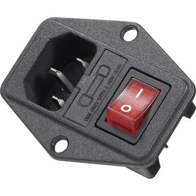 Černý elektrický spínač s červenou páčkou zapnuto/vypnuto a vestavěným zásuvkovým modulem. Obsahuje dva šroubovací otvory pro upevnění.
