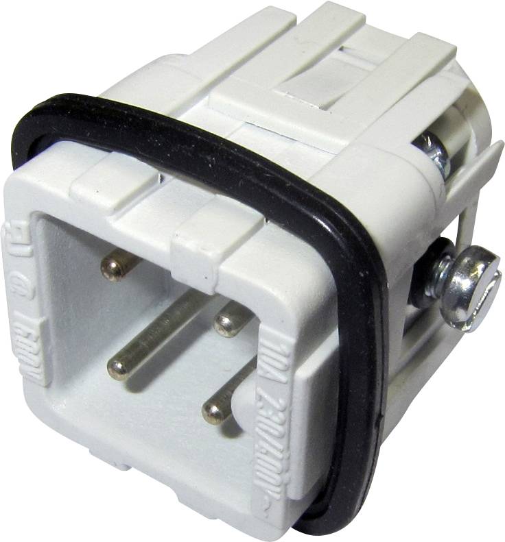 Bílá, obdélníková elektrická zástrčka se třemi kovovými kolíky a černým těsněním je navržena pro elektrické připojení.