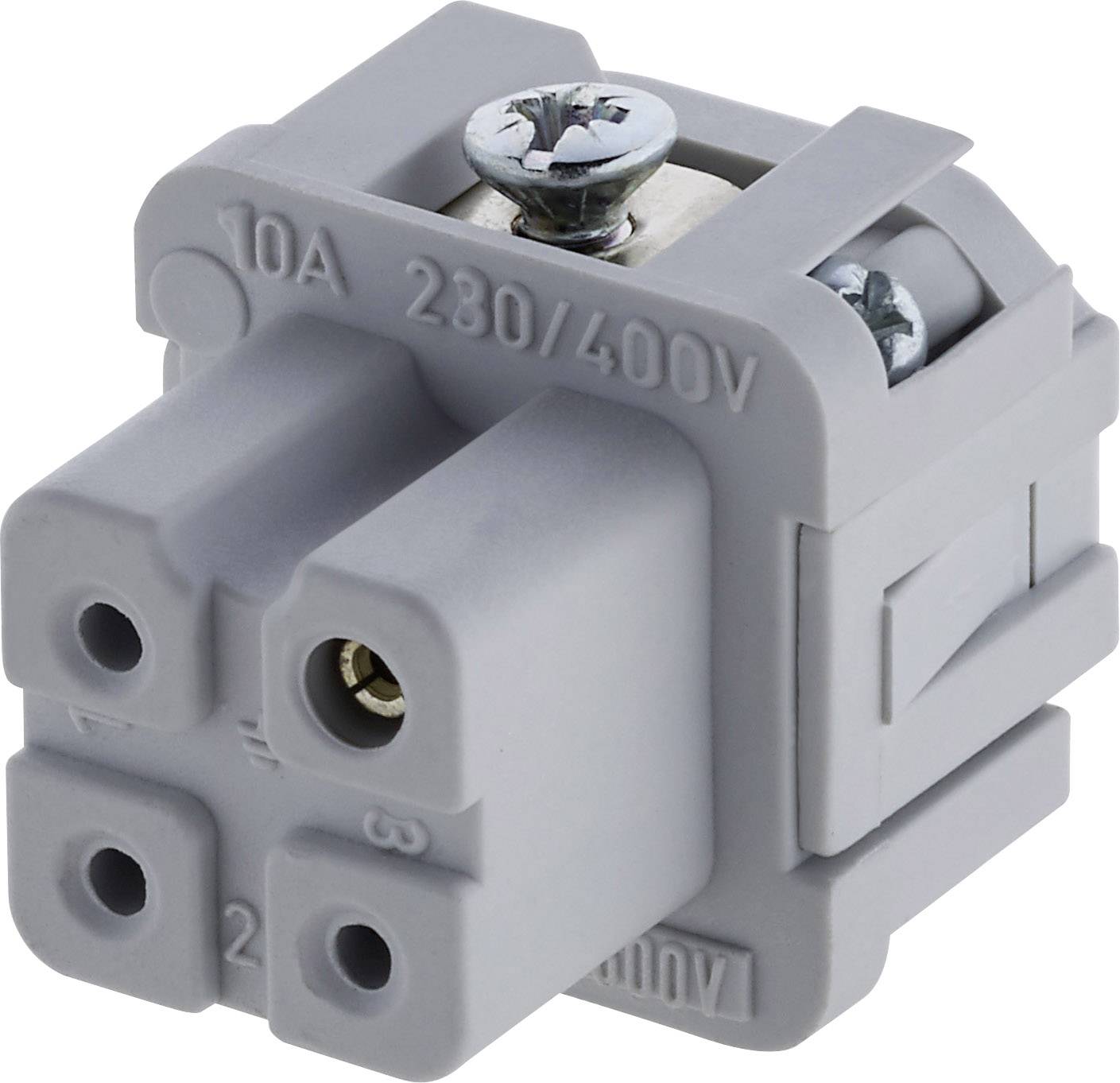 Šedý třípólový elektrický svorkovnicový blok, označený '10A' a '230/400V'.
