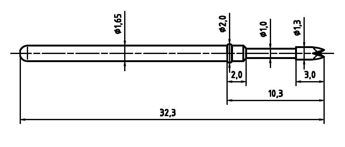 Technický výkres válcového objektu s přesnými rozměry. Hlavní délky: 32,3 mm a 10,3 mm, průměr od 1,3 mm do 2,0 mm.