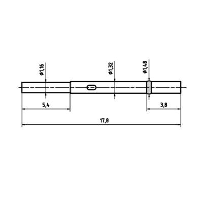 Technický nákres válcového objektu s rozměry: délka 17,8 cm, průměr proměnlivý od 1,16 do 1,48 cm. Značení v 5,4 cm a 3,8 cm.