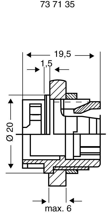 Technický výkres součásti s kótami. Průměr 20 mm, hloubka max. 6 mm, další rozměry: 19,5 mm, 1,5 mm.