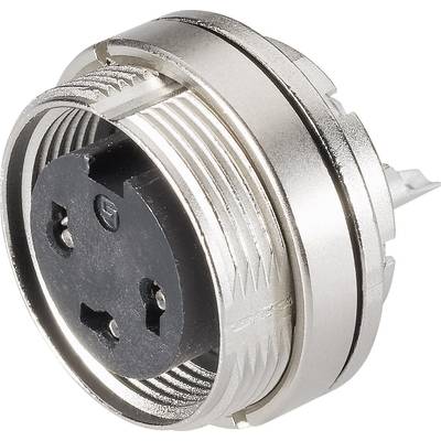 Kulatý, stříbrný kovový konektor s černým třípólovým vložením. Vhodný pro audio nebo elektronická připojení.