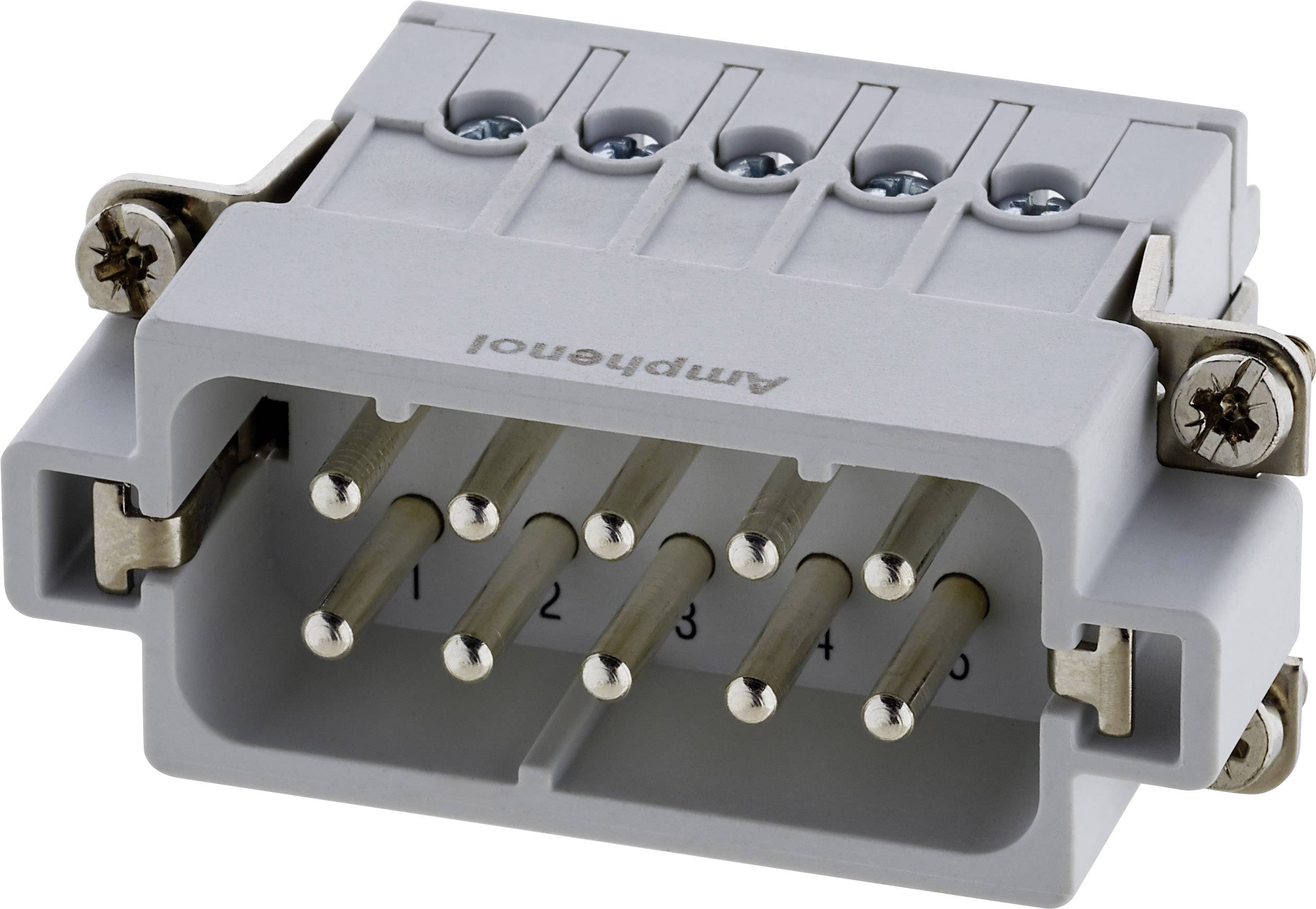 Šedý elektrický konektor s osmi kovovými kolíky. Na horní straně je viditelný nápis 'Amphenol'.