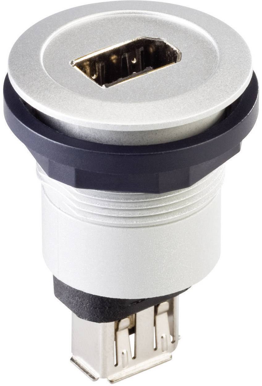 USB konektor s kulatým kovovým pouzdrem a černým plastovým kroužkem. Horní strana ukazuje USB zásuvku, spodní strana má USB konektor.