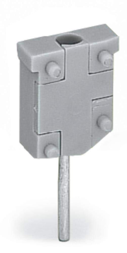 Šedý elektrický konektor se čtyřmi kolíky, orientovaný vertikálně.