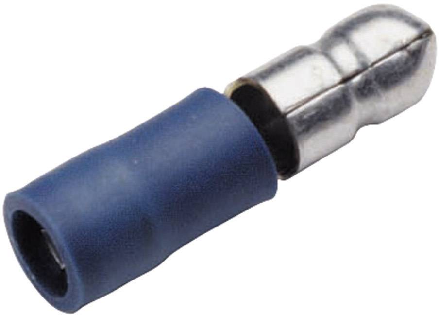 Kovový konektor s modrou izolací, pravděpodobně elektrický konektor pro připojení kabelů.