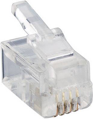 Transparentní síťová zástrčka RJ45 se zlatými kontakty, často používaná pro ethernetová připojení v počítačových sítích.