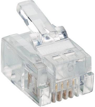 Transparentní RJ45 konektor pro síťové kabely s osmi zlatými kontakty. Používá se pro ethernetová připojení.