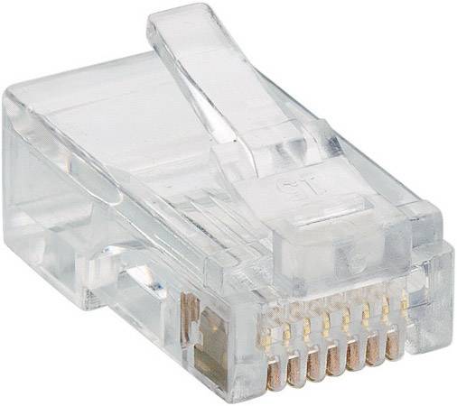Průhledný RJ45 konektor, který se běžně používá v síťových kabelech pro ethernetová připojení.