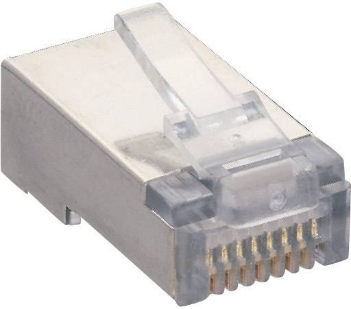 RJ45 konektor s průhledným plastovým krytem a zlatými kontaktními kolíky pro ethernetová síťová připojení.