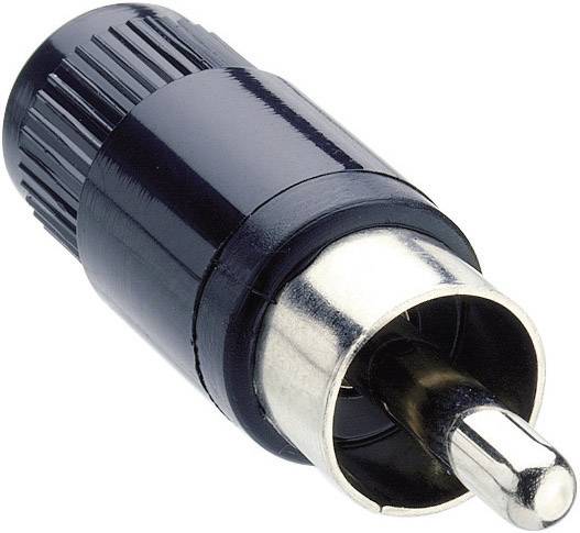 Černený RCA konektor s kovovým hrotem, často používaný pro audio a video připojení v zábavní elektronice.