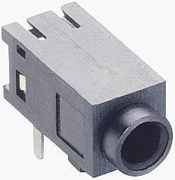 Černý obdélníkový audio adaptér se kovovým kontaktem, určený pro použití v elektronických zařízeních.