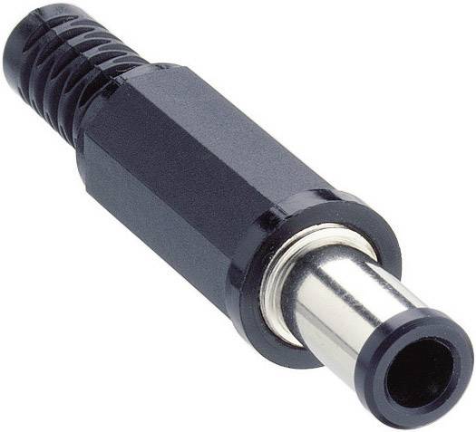 Černý válcový konektor s kovovým hrotem na bílém pozadí. Vhodný pro elektronické připojení.