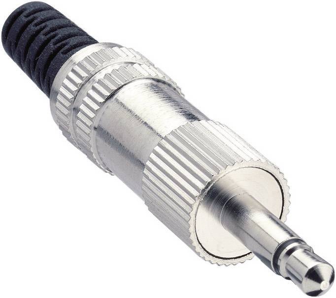 Stříbřitě šedý 3,5mm jack konektor s rýhovaným povrchem a černým koncem kabelu. Běžně používaný především v audiovybavení.