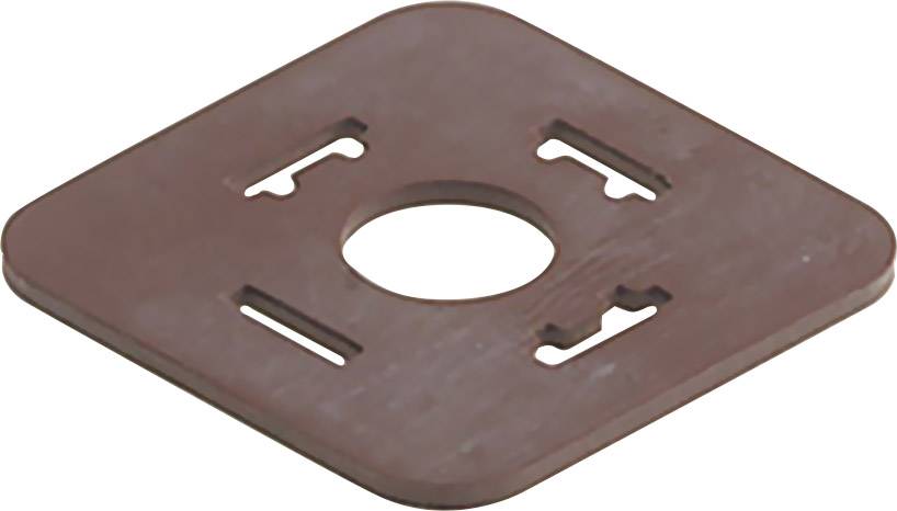Hnědý, čtvercový plastový díl se zaoblenými rohy a středovým otvorem. Má drážky a výřezy pro upevnění.