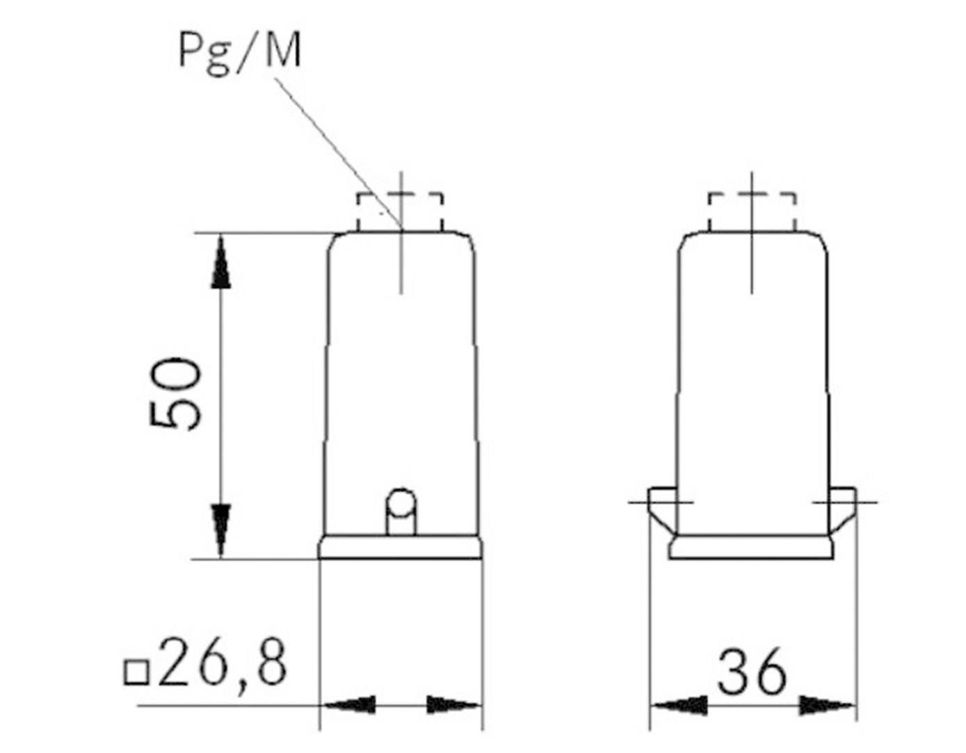 Technický výkres dvou válcových objektů s výškou 50 mm a šířkami 26,8 mm a 36 mm, označený štítkem 'Pg/M'.