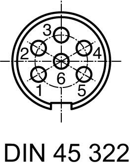Diagram dle DIN 45 322: Znázornění 6-pólového konektoru s očíslovanými piny.
