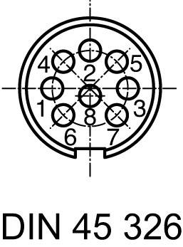 Diagram kulatého konektoru s 8 očíslovanými kolíky, označený "DIN 45 326".