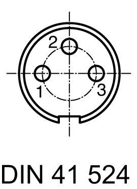 Diagram 3-pólové DIN zásuvky 41 524 s kolíky, očíslovanými od 1 do 3, zobrazuje uspořádání elektrických kontaktů v kulatém konektorovém provedení.