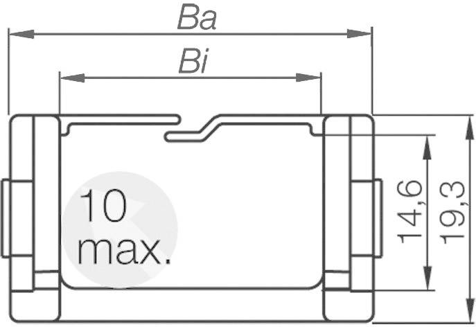 Technický výkres pojistky s rozměry: Ba, Bi, výška 14,6 mm, šířka 19,3 mm, text '10 max.'.