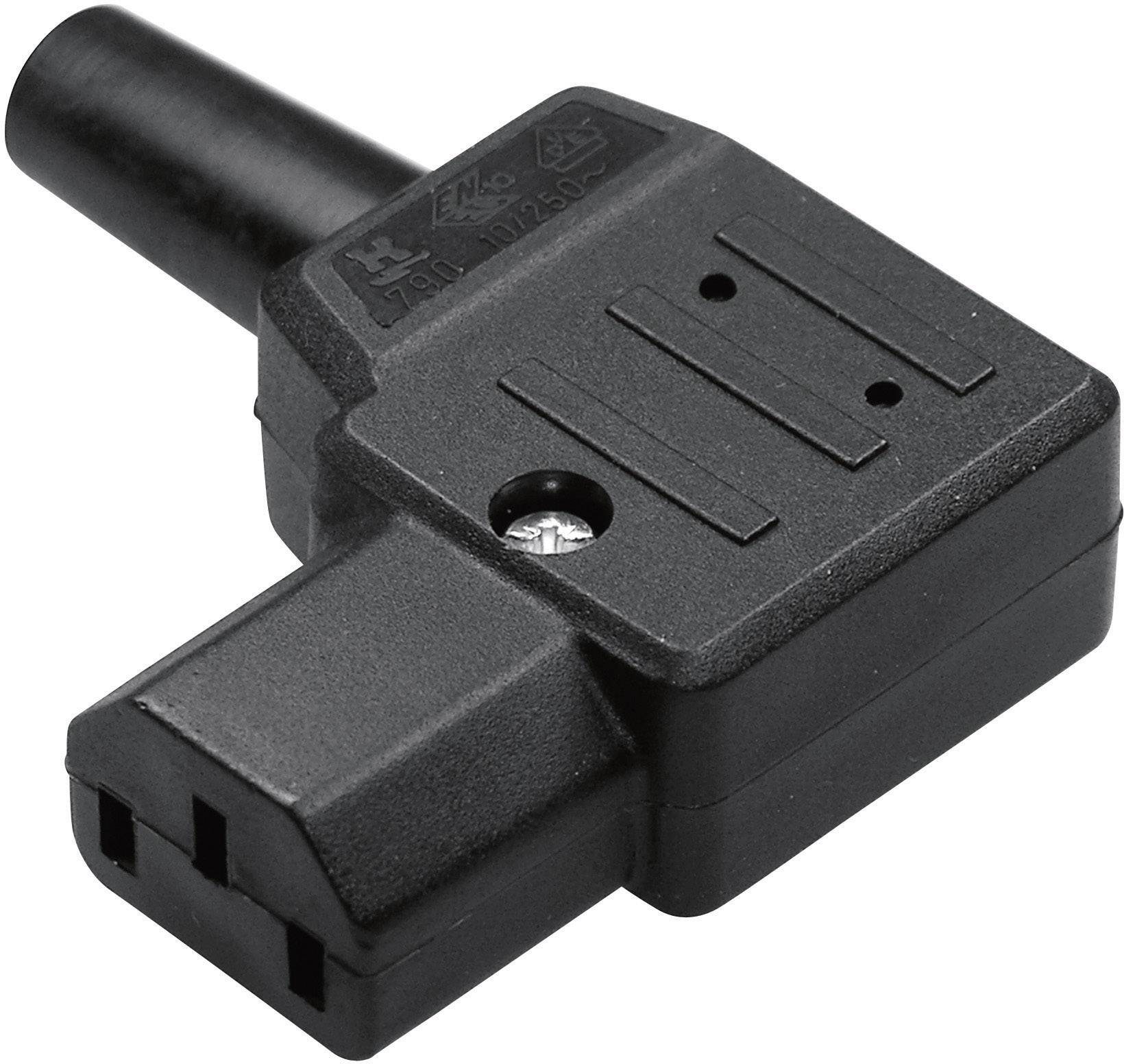 Černý úhlový konektor se třemi paralelními měděprostými drážkami, vhodný pro elektrické spoje.