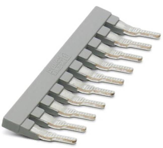Šedý můstek pro řadové svorky s deseti kovovými zuby, které jsou využívány pro elektrické propojení.