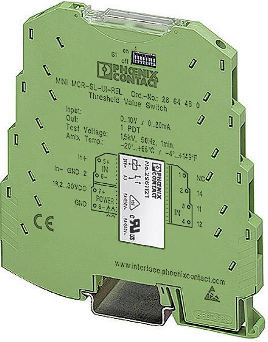 Zelený elektronický modul s potiskem: 'Phoenix Contact', zobrazující vstupní napětí, výstup a technické specifikace.