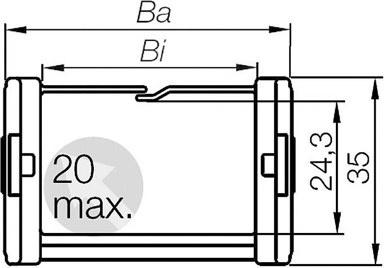 Technický výkres pojistky s rozměry: vnější šířka (Ba), vnitřní šířka (Bi), maximální šířka 20 mm, výška 35 mm.