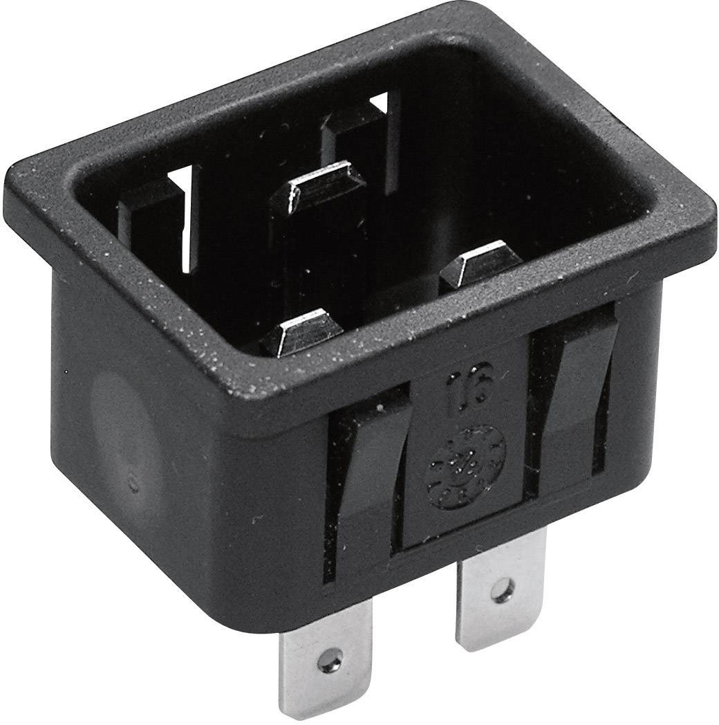 Obdélníkový černý síťový spínač se dvěma kovovými kolíky pro elektrické připojení.