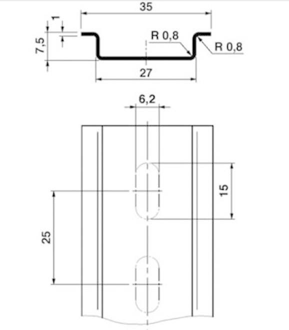 Technický výkres kovového profilu s rozměry: šířka 35 mm, výška 7,5 mm. Úzké otvory: rozestup 15 mm, délka 25 mm.