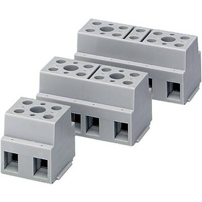 Tři šedé elektrické svorkovnice z plastu různých velikostí, umístěné vedle sebe na bílém pozadí.