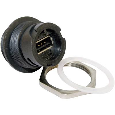 Vestavná zásuvka s USB portem, černé provedení, včetně upevňovacího kroužku a podložky.