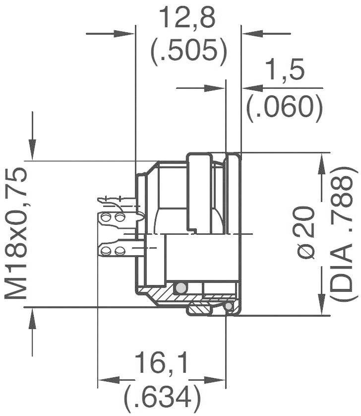 Technický výkres válcového konektoru s rozměry: průměr 20 mm, délka 16,1 mm, závit M18x0,75.