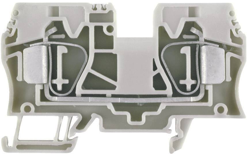 Příčný řez šedou elektrickou svorkovnicí s kovovými svorkami, znázorňující vnitřní strukturu pro připojení kabelů.