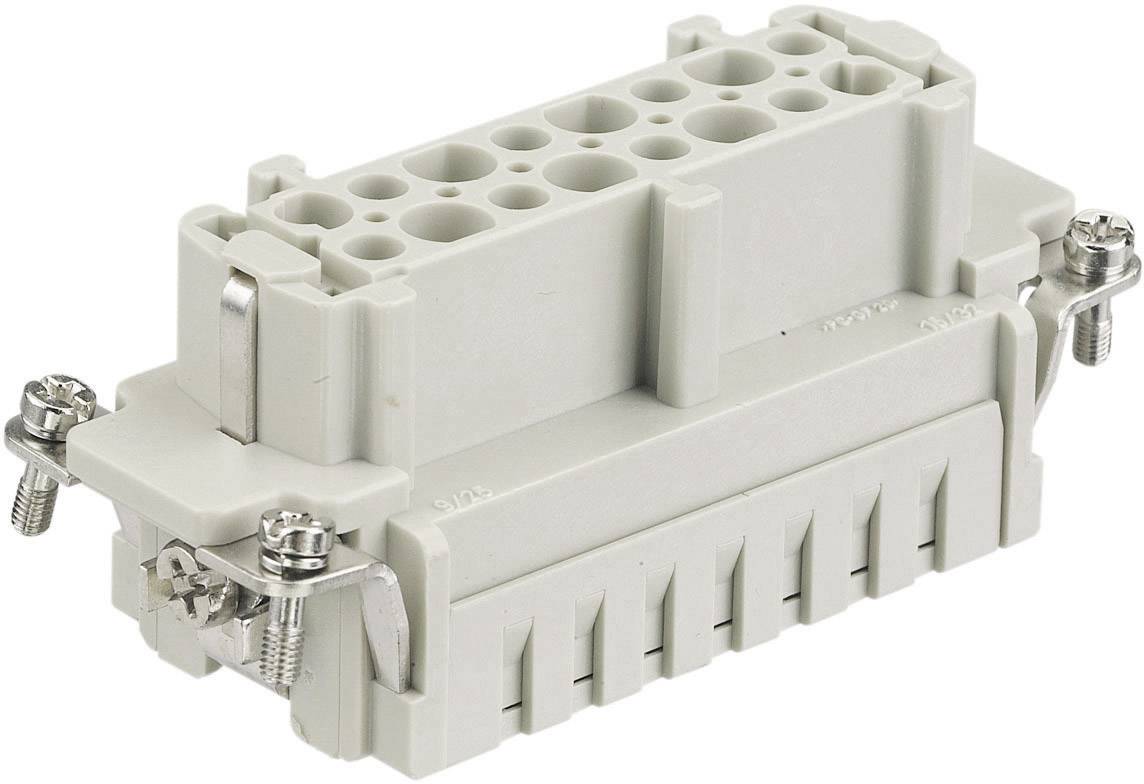 Obdélníkový šedý elektrický konektor s několika přípojkami a šrouby pro upevnění.