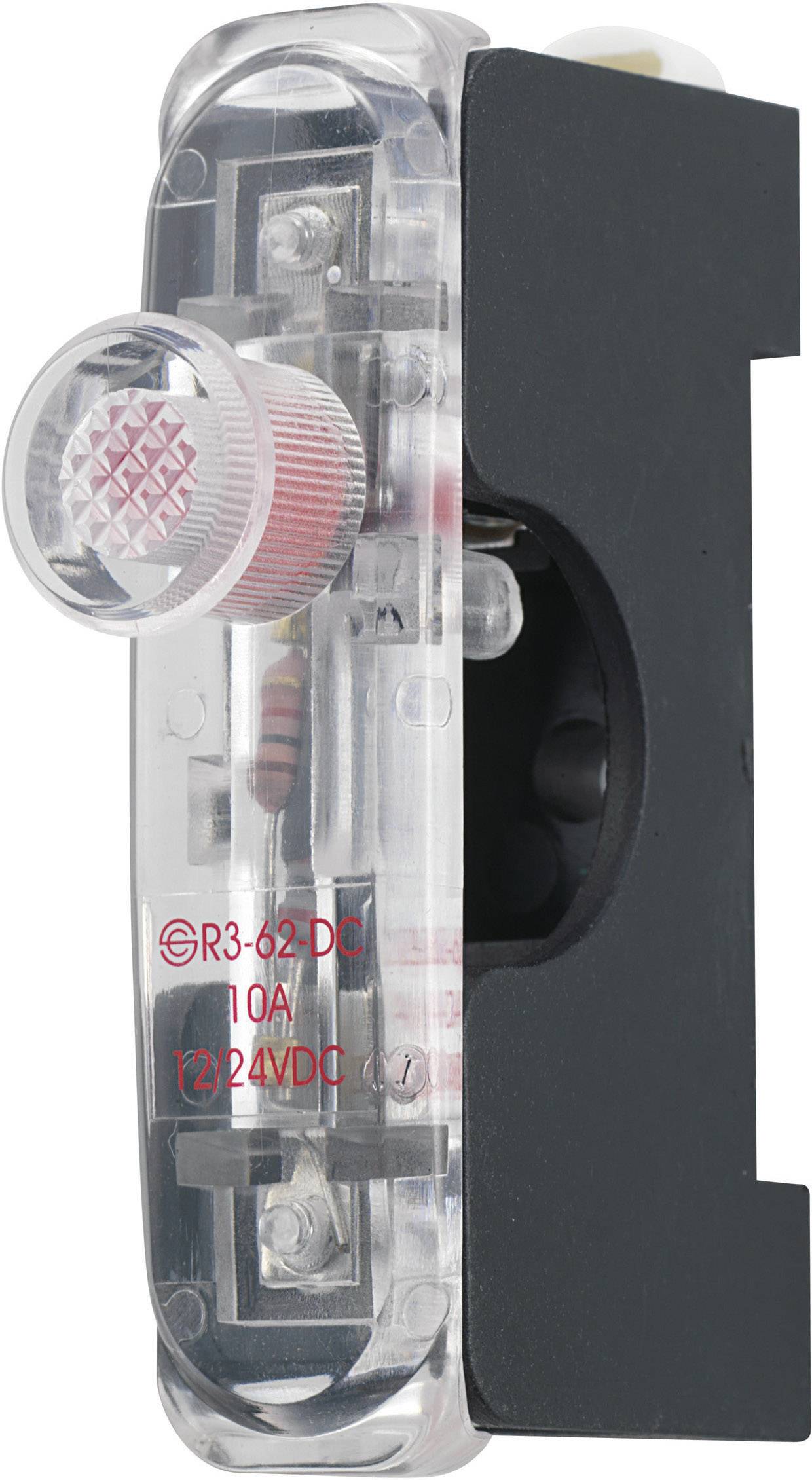 Elektrický spínač s průhledným krytem a červeným světelným indikátorem. Označený štítkem 'R3-62 DC 10A 12/24VDC'.
