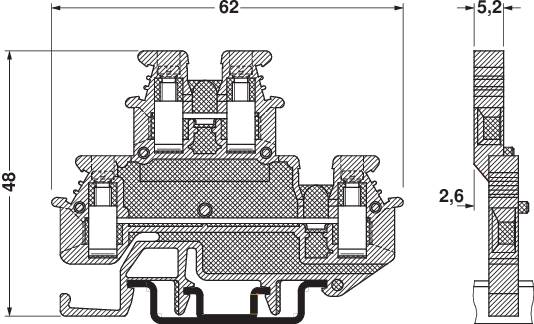 Technický výkres součásti s rozměry 62 mm x 48 mm x 5,2 mm. Pohled z profilu zobrazuje detailní strukturu.