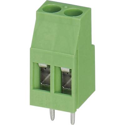 Zelený dvoupólový konektor s kovovými kontakty, používaný pro elektrické připojení na tištěných spojích.