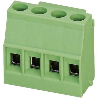 Zelený čtyřpólový konektor, často používaný v elektrických nebo elektronických aplikacích pro bezpečné propojení kabelů.