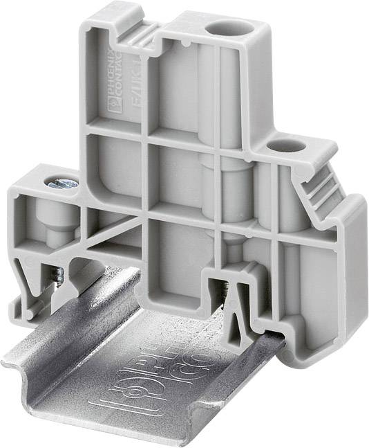 Šedý elektrický připojovací blok namontovaný na kovové lišně DIN. Slouží k propojení elektrických kabelů v rozváděčích.