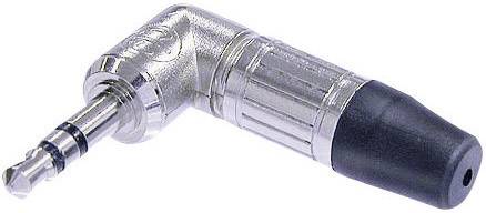 Úhlový adaptér pro 3,5mm jack konektor, stříbrné barvy s černým ochranným dílem, určený pro propojení audio zařízení.