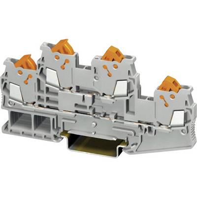 Šedý elektrický svorkovnicový blok se třemi oranžovými pákami pro připojení vodičů, umístěný na kovovém držáku.
