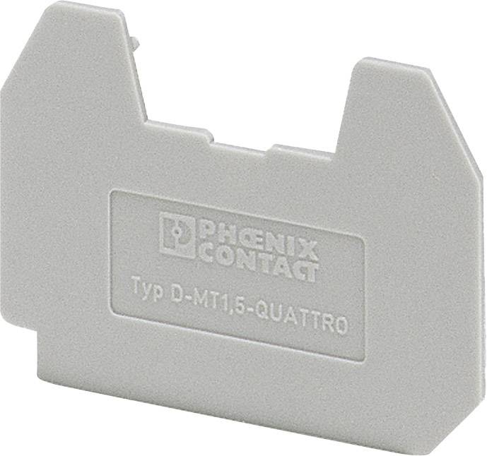 Šedý koncový držák s nápisem 'PHOENIX CONTACT Typ D-MT 15-QUATTRO'. Používán pro elektrické spoje v rozvaděčích.