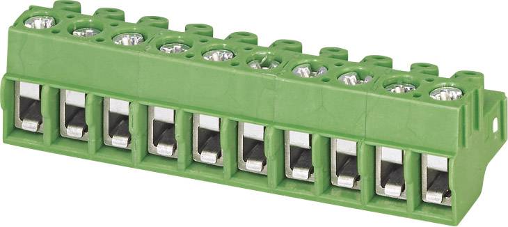 Zelený konektor s deseti svorkami v řadě, používaný pro elektrické propojení v zařízeních nebo rozváděčích.