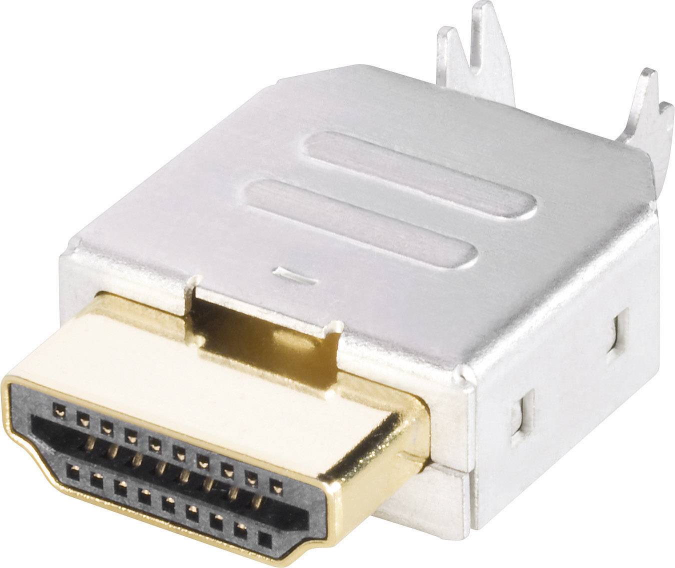 Stříbrný HDMI konektor se zlatým lemováním, vhodný pro připojení audio a video zařízení.